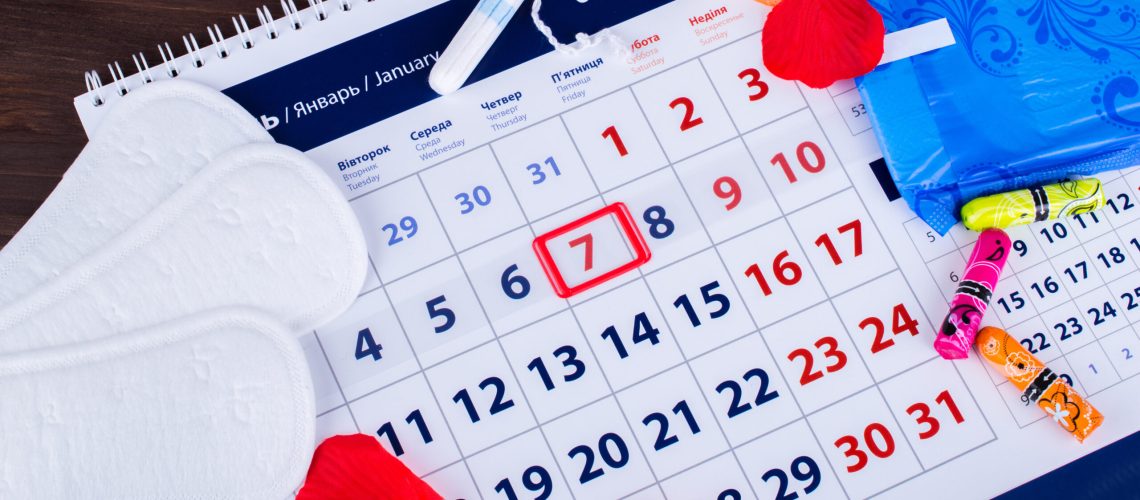 Woman hygiene protection, menstruation calendar with cotton tampons ,Sanitary pads